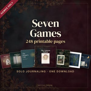 Könnte beinhalten: Eine Sammlung von sieben Solo-Journaling-Spielen mit insgesamt 248 druckbaren Seiten. Der dunkelrote Hintergrund zeigt den Text Seven Games, 248 printable pages und Solo Journaling One Download. Sieben Spielcover sind abgebildet.