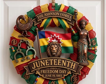Benutzerdefinierter Familienname Juneteenth Wreath - Türschild aus Holz, Freiheitstag-Dekor, schwarze Kultur, Haustürkränze