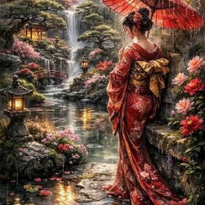 May include: A digital painting of a person in a red patterned kimono holding a red umbrella, standing by a stone path near a waterfall, a pond, and a pagoda. The scene features pink and red flowers, stone lanterns, and falling rain in a garden.