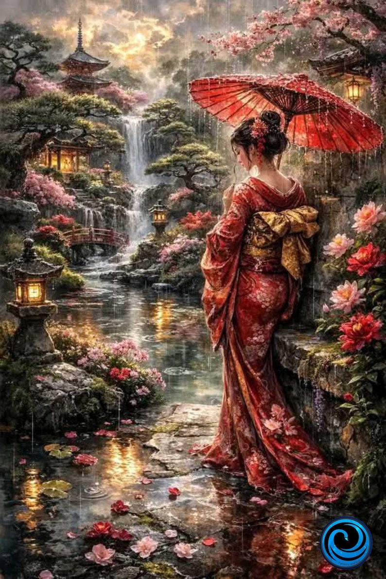 May include: A digital painting of a person in a red patterned kimono holding a red umbrella, standing by a stone path near a waterfall, a pond, and a pagoda. The scene features pink and red flowers, stone lanterns, and falling rain in a garden.