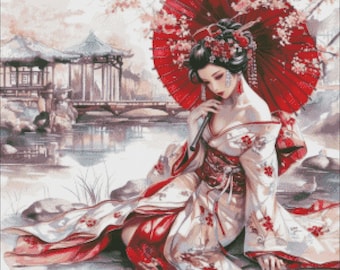 Japanese Geisha -  Counted Cross Stitch Patterns - Printable Chart PDF Format Needlework Embroidery Crafts DIY DMC color