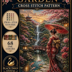 May include: A cross stitch pattern titled Japanese Garden featuring a person in a red kimono holding a red umbrella by a pond with koi fish, a waterfall, and a bridge. The design includes 270 W x 375 H stitches and 68 DMC colors by Black Swan Stitch.