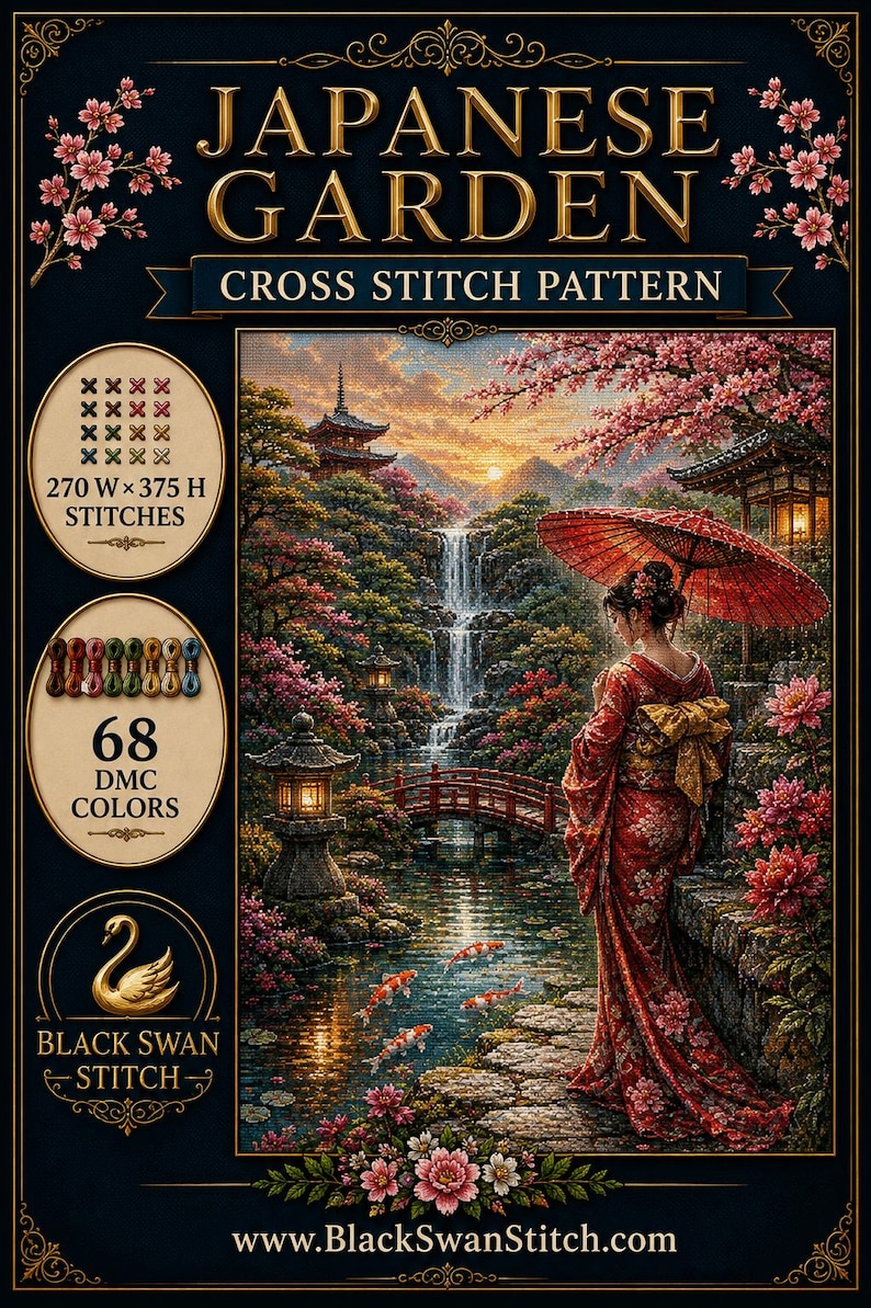 May include: A cross stitch pattern titled Japanese Garden featuring a person in a red kimono holding a red umbrella by a pond with koi fish, a waterfall, and a bridge. The design includes 270 W x 375 H stitches and 68 DMC colors by Black Swan Stitch.