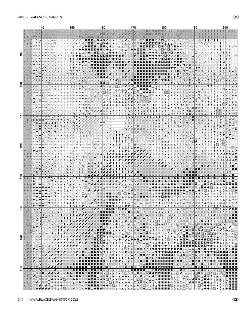 May include: A black and white cross stitch pattern chart titled PAGE 7 JAPANESE GARDEN. The grid features numbered columns from 140 to 200 and rows from 80 to 160, filled with various symbols representing stitches for a needlework project.