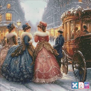 May include: A cross-stitch design showing a winter scene with women in elaborate gowns and a horse-drawn carriage. The women wear gowns in blue, pink, and brown, with fur collars. The background shows a snowy street with buildings and streetlights.