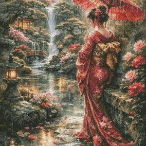 Puede incluir: Un patrón de punto de cruz que muestra a una persona con kimono rojo sosteniendo un paraguas rojo, de pie en un camino de piedra cerca de una cascada, una pagoda y flores rosas. La escena incluye linternas de piedra y un estanque.