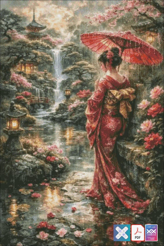 Japanese Garden Cross Stitch Pattern PDF Geisha with Red Umbrella Cherry Blossom Landscape Oriental Counted Cross Stitch Instant Download