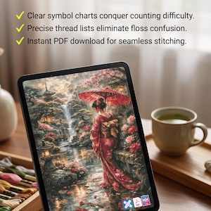 May include: A tablet on a wooden stand displays a cross-stitch pattern of a person in a red kimono holding a red umbrella by a waterfall. Text reads: The Most Effortless Way to Stitch a 68-Color Masterpiece. Clear symbol charts, precise thread lists, and instant PDF download.
