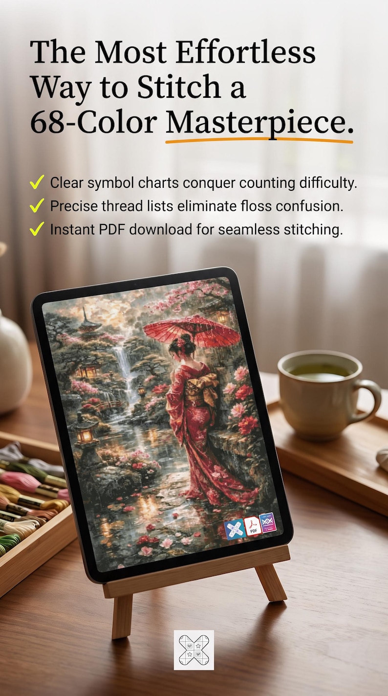 May include: A tablet on a wooden stand displays a cross-stitch pattern of a person in a red kimono holding a red umbrella by a waterfall. Text reads: The Most Effortless Way to Stitch a 68-Color Masterpiece. Clear symbol charts, precise thread lists, and instant PDF download.