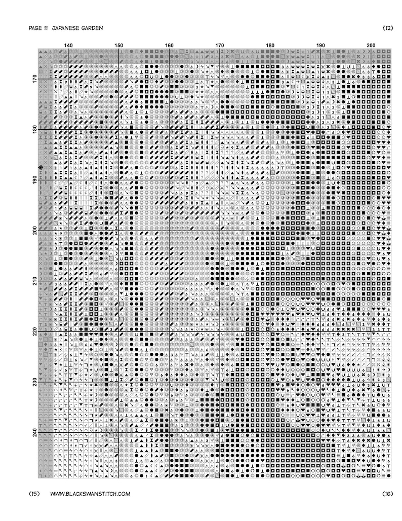 May include: A black and white cross stitch pattern chart titled PAGE 11 JAPANESE GARDEN. The grid features numbered coordinates from 140 to 200 horizontally and 170 to 240 vertically, filled with various geometric symbols representing thread colors.