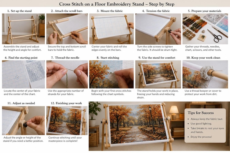 May include: A twelve-step instructional guide for using a wooden floor embroidery stand for cross stitch projects. The images show assembling the stand, mounting fabric on scroll bars, tensioning, threading needles, and stitching a park scene.