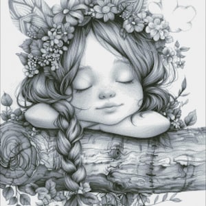 Puede incluir: Ilustración en blanco y negro de un rostro sereno con los ojos cerrados, adornado con una corona floral y detalles de hojas. Una larga trenza descansa sobre un tronco de madera, rodeada de delicadas flores y follaje. La imagen tiene una cualidad suave y onírica.