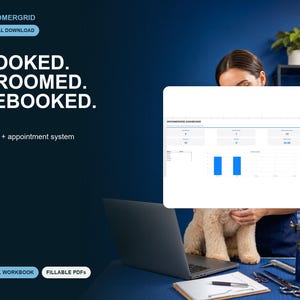 May include: A digital download GroomerGrid client and appointment system featuring an Excel workbook and fillable PDFs. The interface displays a dashboard with metrics, charts, and data fields for professional pet grooming management tasks.