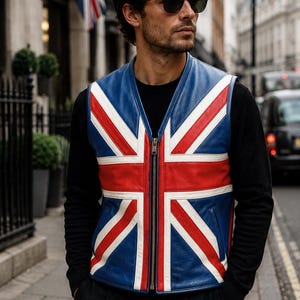 UK Flag Leather Vest Men, Union Jack Leather Waistcoat, British Flag Biker Vest, Handmade Genuine Leather Gilet, Patriotic UK Vest Gift