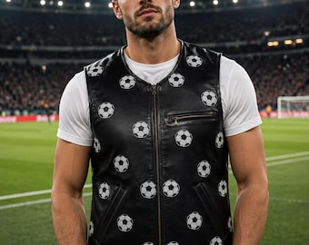 Football Print Leather Vest Men, Soccer Lover Gift, Sheepskin Sleeveless Jacket, Sports Fan Biker Vest, Game Day Outfit, FIFA Fan Gift