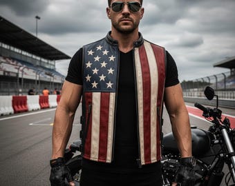 Colete de couro de ovelha com a bandeira dos EUA, masculino, estilo motociclista, patriótico, feito à mão, estilo western, sem mangas, presente para o Dia dos Pais.