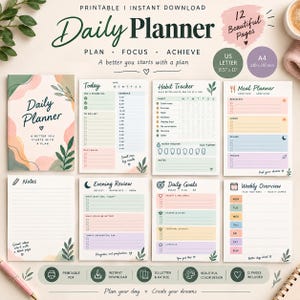 Daily Planner Printable PDF, Colorful Daily Planner, Productivity Planner, Goal Setting Planner, Habit Tracker, US Letter A4