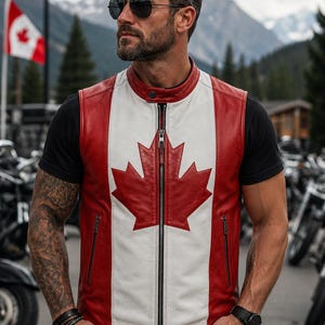 Canada vlag leren vest heren, esdoornblad bikervest, rood wit motorfietsvest, patriottisch vest cadeau voor hem, schapenleer mouwloos jack