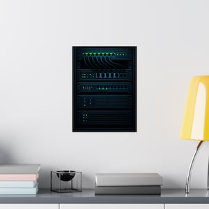 May include: A dark blue server rack with multiple network devices. The devices include switches, routers, and servers, connected by cables. Green indicator lights are visible on the front panels. The rack is mounted in a black frame.