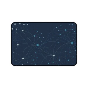 May include: Rectangular mousepad with a dark blue background featuring a network design of interconnected dots and lines in shades of blue and white. The mousepad has a black border.