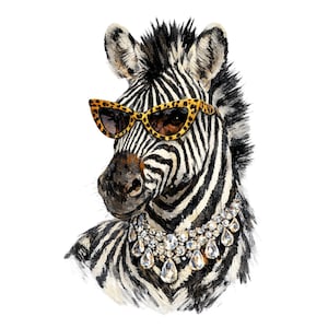 May include: A zebra illustration featuring the animal wearing cat-eye sunglasses with a yellow and black leopard print pattern and a large, multi-layered statement necklace made of clear, faceted, teardrop-shaped crystals around its neck.
