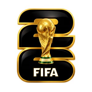 Puede incluir: Un número 26 negro estilizado de gran tamaño con borde dorado, que presenta el trofeo dorado de la Copa Mundial de la FIFA en el centro. La palabra FIFA está impresa en letras mayúsculas blancas en la parte inferior del diseño gráfico.
