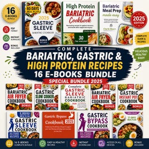Op de afbeelding: Een digitaal pakket van 16 e-books met kookboeken voor bariatrische chirurgie, maagverkleining en maagomleiding voor 2025. De collectie bevat diverse maaltijdplannen en recepten voor de airfryer, slowcooker en instant pot.