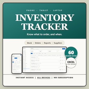 Può includere: Uno strumento digitale di tracciamento dell'inventario con intestazione verde scuro e testo bianco INVENTORY TRACKER, PHONE, TABLET, LAPTOP e Know what to order, and when. Include una vista foglio di calcolo, 60 SECOND SETUP e EXCEL & PDF EXPORT.