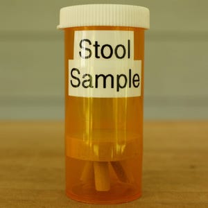 May include: An orange plastic container with a white lid and a label that reads "Stool Sample" in black text. The container holds wooden sticks.