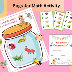Pode incluir: Um conjunto de atividades matemáticas Bugs Jar com ilustrações coloridas de insetos. O conjunto inclui um frasco com insetos, cartões numéricos e um Certificado de Caçador de Insetos. O texto diz: "Vamos pegar os insetos e colocá-los no pote!"