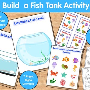 以下が含まれることがあります： Build a Fish Tankというタイトルの印刷可能なアクティビティセット。水槽のイラスト、切り抜くためのカニ、カメ、クラゲなどの様々な海の生き物、そして海の生き物が描かれた2枚の白黒のボーナス塗り絵ページが含まれています。