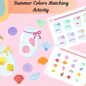 May include: A summer-themed activity sheet with the text "Summer Colors Matching Activity." The image features jars with seashells and a matching game with colorful shells and jars labeled with colors like blue, green, and red.