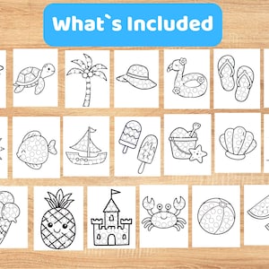 May include: A collection of twenty black and white dot marker coloring pages featuring summer themes like a dolphin, turtle, palm tree, hat, flamingo float, flip-flops, drink, sun, fish, sailboat, popsicles, sand bucket, shell, umbrella, ice cream, pineapple, castle, crab, beach ball, and watermelon slices. The text What's Included is at the top.