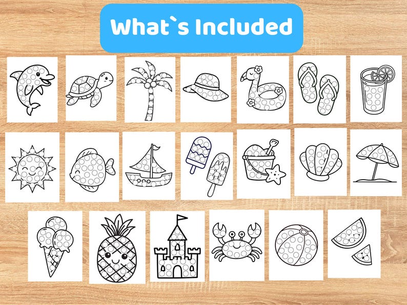 May include: A collection of twenty black and white dot marker coloring pages featuring summer themes like a dolphin, turtle, palm tree, hat, flamingo float, flip-flops, drink, sun, fish, sailboat, popsicles, sand bucket, shell, umbrella, ice cream, pineapple, castle, crab, beach ball, and watermelon slices. The text What's Included is at the top.