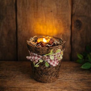 May include: A small, rustic candle holder made of textured brown material, adorned with a red and white checkered ribbon and faux greenery. The candle inside is lit, casting a warm glow. The holder is filled with dried materials.