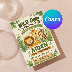 Puede incluir: Una tarjeta de invitación de cumpleaños rectangular con ilustraciones en acuarela de un león, una jirafa y un mono rodeados de hojas de selva verdes. El texto dice WILD ONE IS TURNING FIVE, JOIN THE SAFARI PARTY, AIDEN, 5TH BIRTHDAY, DEC 10, 12:00 PM.