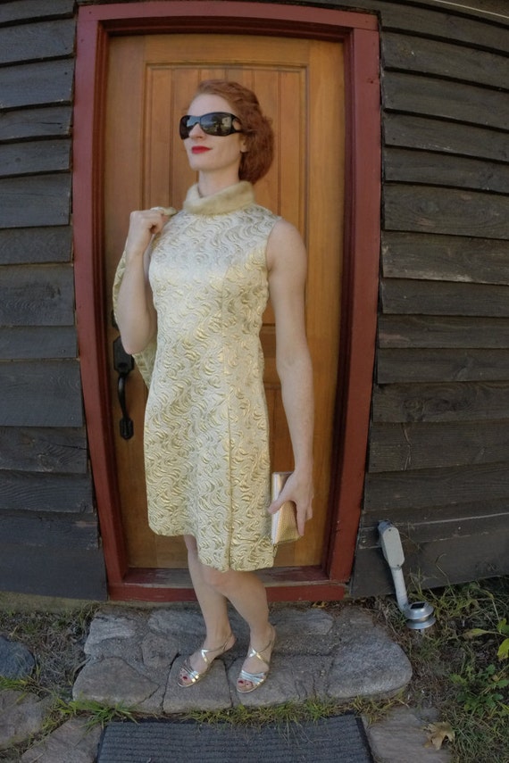 Vintage 1970's Gold Lee Jordan Cocktail Occasion Dress with Fur Neckline and Matching Jacket