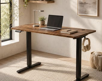 Electric Adjustable Standing Desk, Ergonomic Sit Stand Executive Wooden Office Table for Comfortable Working