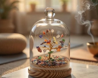 Árbol de cristal de 7 chakras en cúpula de cristal – Bonsái de piedras preciosas del Árbol de la Vida, regalo de Feng Shui Reiki, hecho a mano, decoración para meditación en el hogar y la oficina