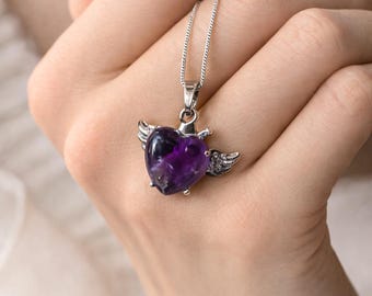 Collar con colgante de amatista en forma de corazón y alas de ángel – Colgante de cristal natural, joyería de protección espiritual, regalo para mujeres, collar con piedras preciosas curativas.