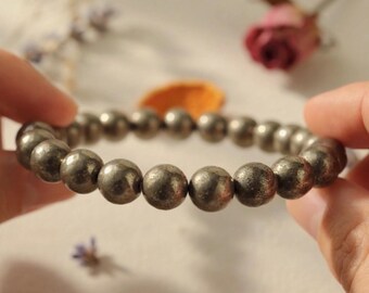 Pulsera de cristal natural de pirita auténtica de 8 mm: piedra de riqueza y abundancia, joyería de piedras preciosas curativas, regalo de protección espiritual para todos.