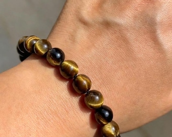 Pulsera de cristal ojo de tigre de 8 mm – Confianza, protección, piedra preciosa curativa, regalo para él, joyería espiritual bohemia para hombre