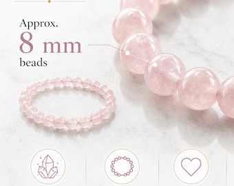 Pulsera de cristal de cuarzo rosa de 8 mm – Piedra del amor, sanación emocional, regalo de amor propio para ella, joyería bohemia con piedras preciosas curativas
