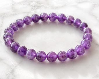 Pulsera de cristal de amatista natural de 8 mm – Piedra preciosa curativa, alivio de la ansiedad, alivio del estrés, regalo para ella, joyería espiritual bohemia