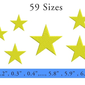 May include: Yellow star embroidery designs in various sizes, ranging from 0.2" to 6.0". The image includes the text "59 Sizes" above the stars, indicating the availability of multiple size options for the design.