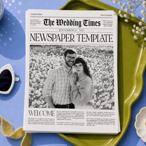May include: A newspaper template titled "The Wedding Times" with a black and white photo of a couple. The template includes the text "NEWSPAPER TEMPLATE" and "WELCOME". The image also features heart-shaped sunglasses, a disco ball, and wedding rings.