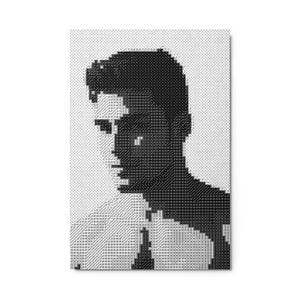 May include: Black and white portrait of a person, created with a dot and line pattern. The image shows the side profile of a person with dark hair and a defined jawline. The background is a dotted pattern.