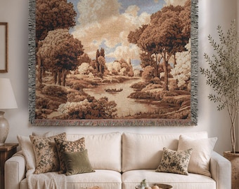 French Country Landscape Woven Tapestry | Scenic River Trees Large Tapestry Wall Decor