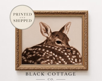 Deer Painting Wall Art Print Spotted Baby Fawn Neutral Woodland Animal Portrait Vintage Cottage Seasonal Decor Physical Rolled Canvas Print