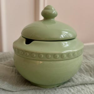 May include: A light sage green ceramic sugar bowl with a matching lid featuring a small finial knob. The bowl has a rounded body with a decorative embossed dot pattern around the center and a small notch on the rim for a spoon to rest inside.